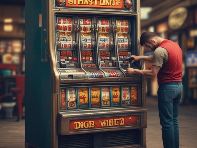 An AI image of a man fixing a jackpot machine
