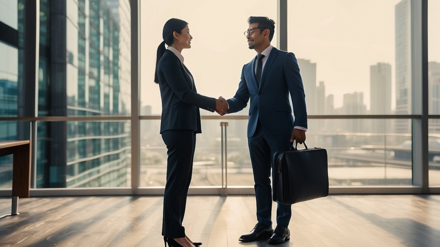 An AI image of a man and a woman in business dress, shaking hands
