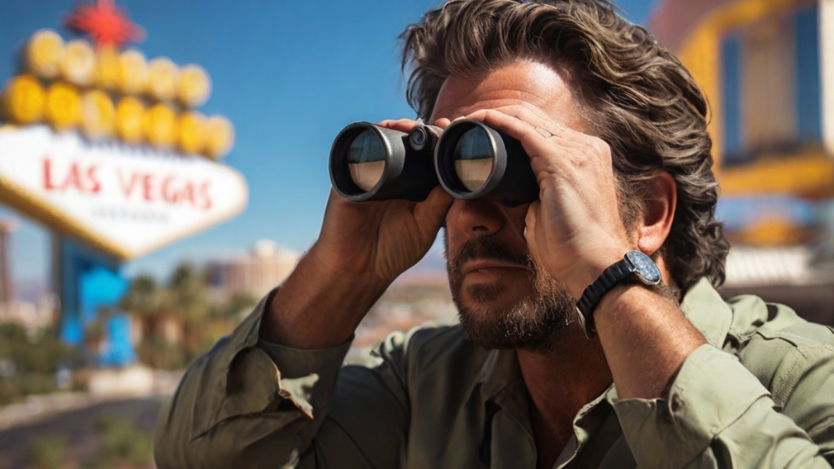 A man looking through binoculars in front of a Las Vegas sign