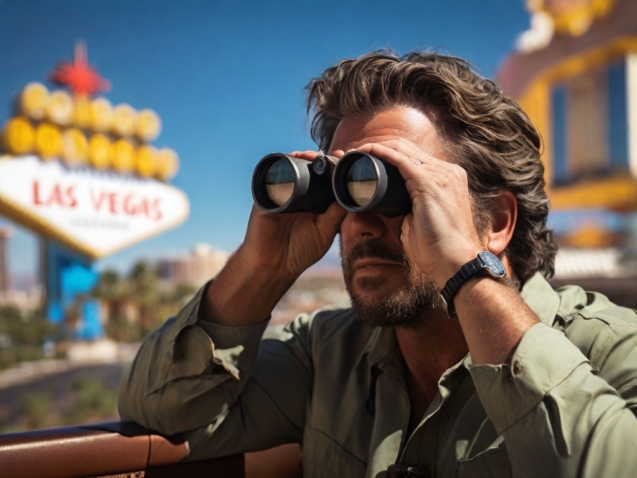 A man looking through binoculars in front of a Las Vegas sign