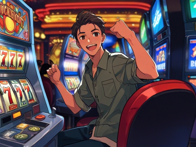 An anime image of a man winning while playing a slot machine