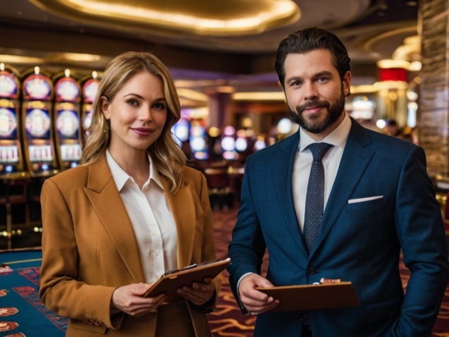 An AI image of a woman and a man holding clip boards in a casino