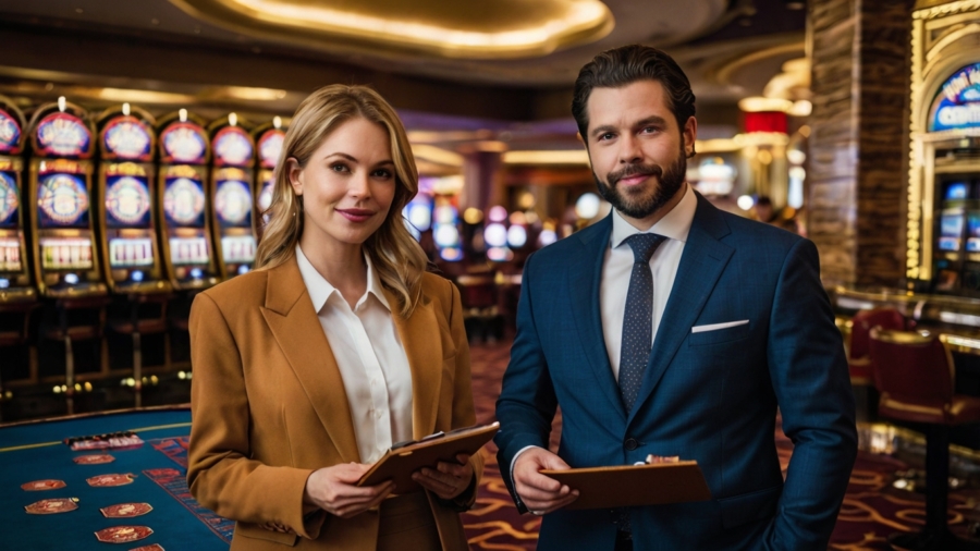 An AI image of a woman and a man holding clip boards in a casino